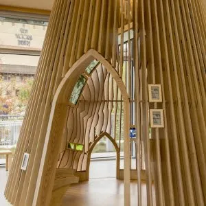 The Forest Zone of The Visitor experience designed by Jason Bruges Studio in the lobby of The Living Planet Centre which allows WWF-UK to welcome visitors of all ages into the eco building to witness the WWF experience and gain an insight into the work of WWF in the natural world. The four experience zones cover the four key areas of WWF's work, wildlife, oceans, rivers, forests. 
© Stonehouse Photographic / WWF-UK